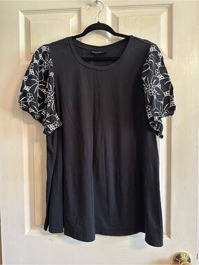 Lane Bryant Black Tee with White Floral Puff Sleeves